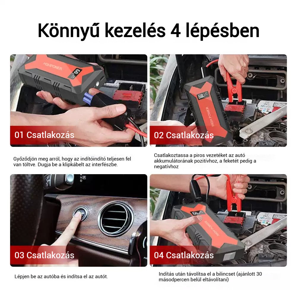 🔋 Autóakkumulátoros indítómotor – Hordozható Power Bank USB gyorstöltővel és LED-es zseblámpával