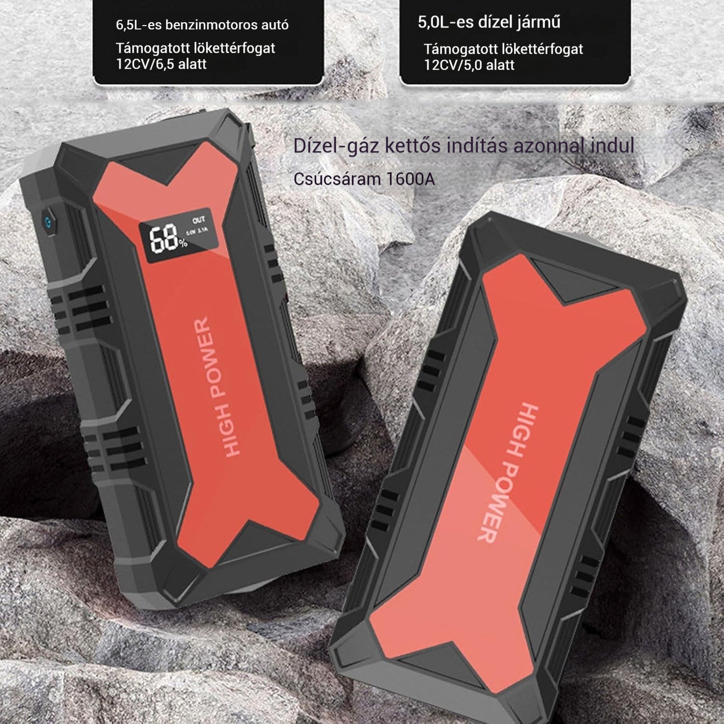 🔋 Autóakkumulátoros indítómotor – Hordozható Power Bank USB gyorstöltővel és LED-es zseblámpával