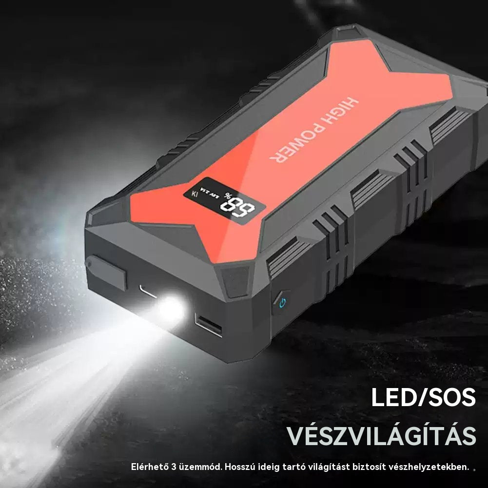 🔋 Autóakkumulátoros indítómotor – Hordozható Power Bank USB gyorstöltővel és LED-es zseblámpával