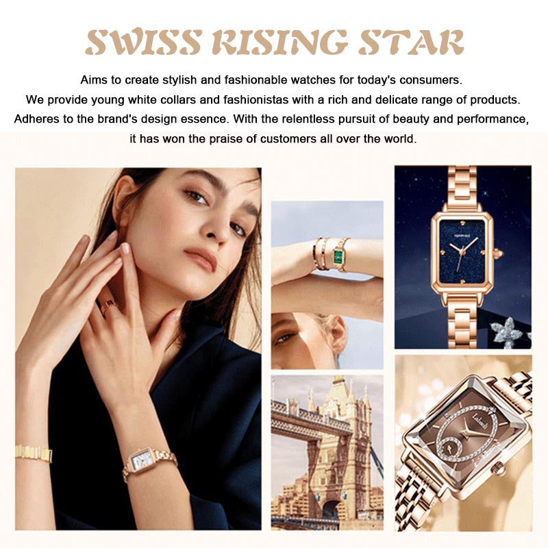 Divatos, szögletes női karóra rozéaranyból, gyémántokkal