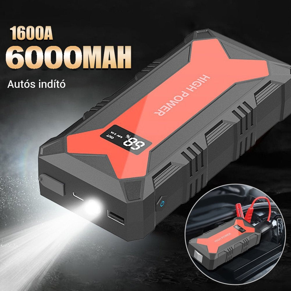 🔋 Autóakkumulátoros indítómotor – Hordozható Power Bank USB gyorstöltővel és LED-es zseblámpával