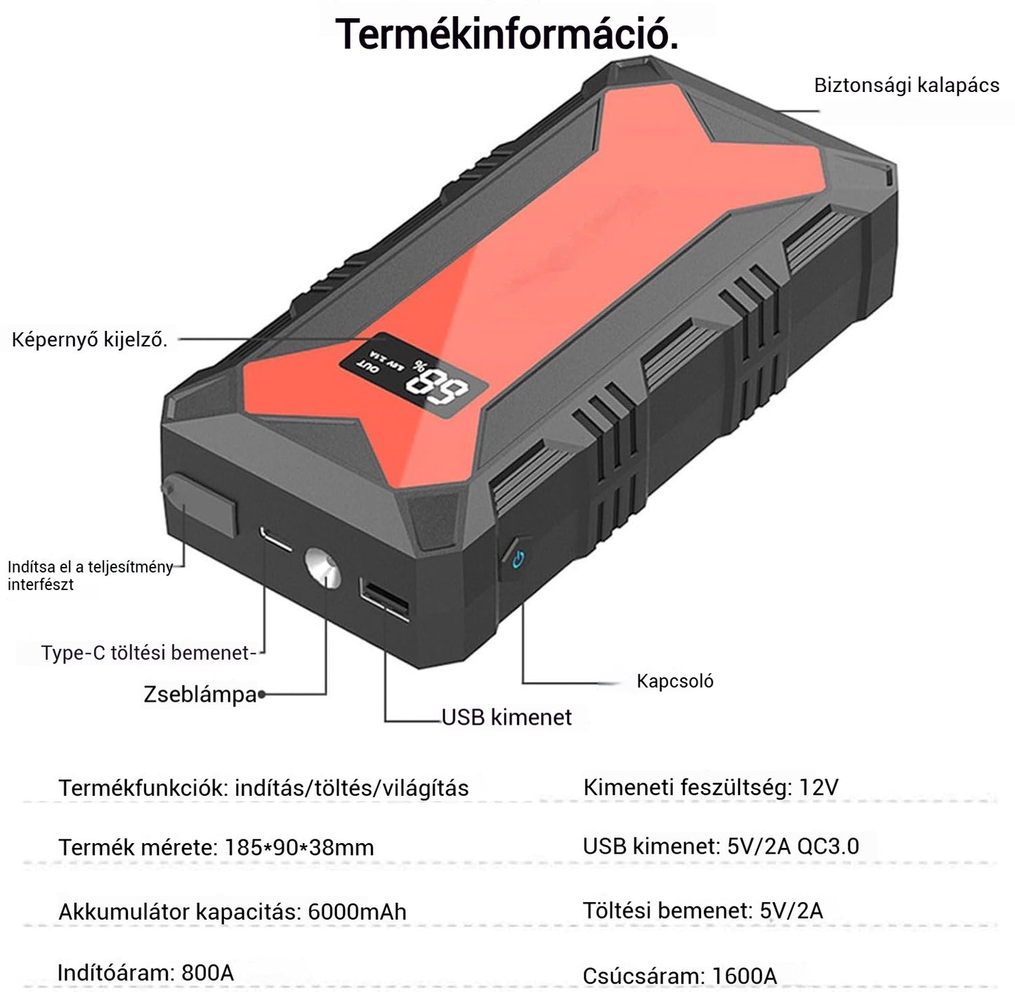 🔋 Autóakkumulátoros indítómotor – Hordozható Power Bank USB gyorstöltővel és LED-es zseblámpával