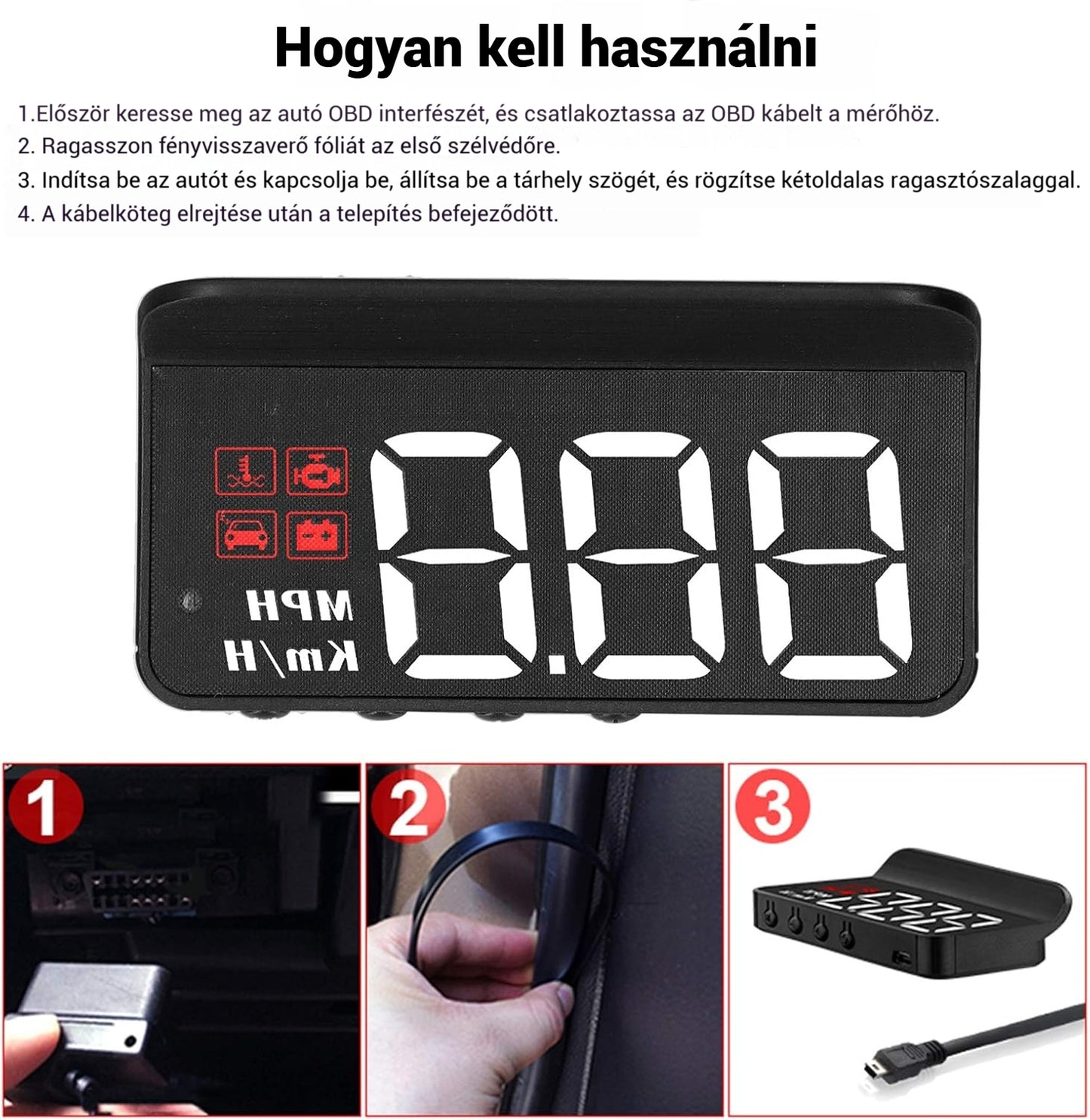 OBD2 HUD Car Head Up Display projektor projektor sebességmérő
